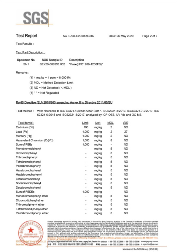 一次性保險(xiǎn)絲SGS認(rèn)證報(bào)告2